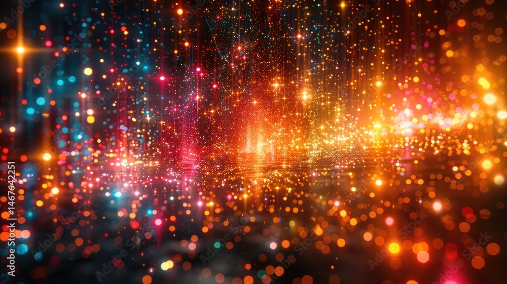 Poster dynamic digital wave with blue and orange light particles. digital art for design with glowing orang