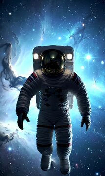  Astronaut floating in deep space with glowing nebula stars, vertical video