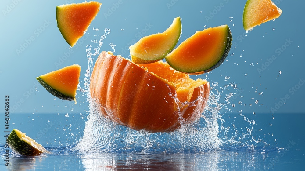 Aufkleber pumpkin is floating in the water with watermelon slices falling out of it. the image has a playful a