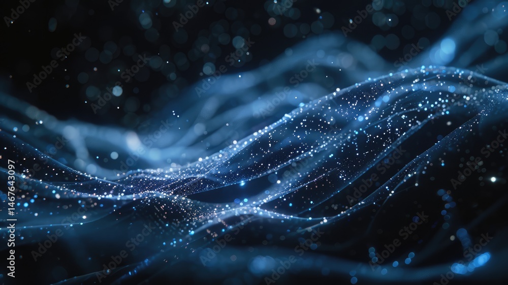 Poster abstract picture micro light sparkling particle represent data flow vivid flowing wave with high tec