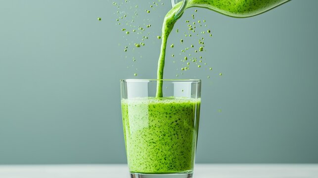 Glass of green juice is poured into a glass. The glass is half full