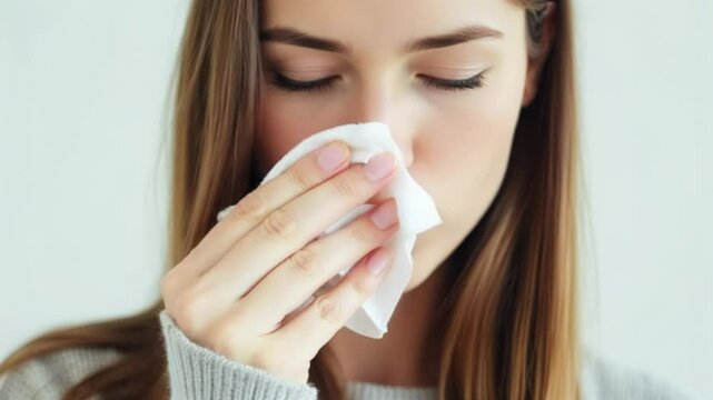 Young woman with a cold holding a tissue to her nose, feeling unwell and sneezing