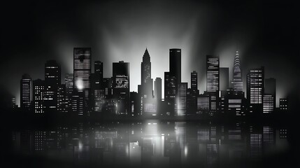 Nighttime cityscape silhouette with illuminated structures and reflections