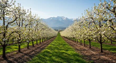 Naklejka premium Orchard of blossoming trees lining a pathway. 