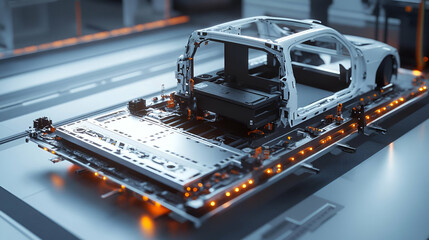Electric Car Chassis Assembly: White Metal Framework with Orange Lights