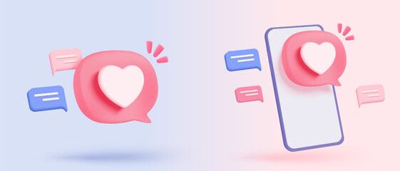 3D social media online platform concept, online social communication on applications, Photo frame with heart and love emoji icon, like and play in red bubble icons. 3d heart vector render concept