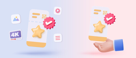 3D cinema movie ticket in holding hand, ready for watch movie in theatre. Media film for entertainment, booking ticket service. 3d vector cinema coupon icon render illustration