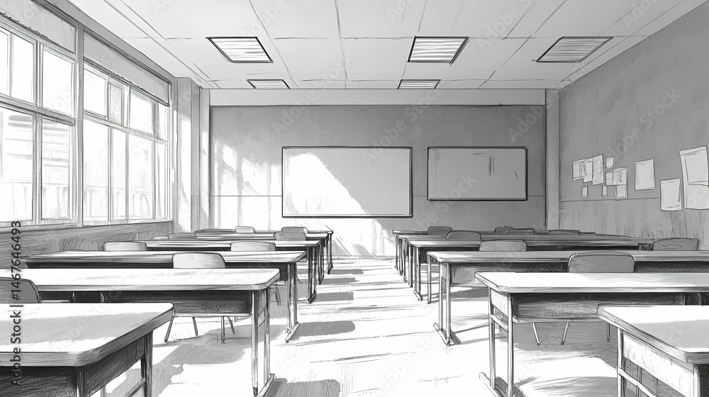 Poster empty classroom with sunlight streaming through windows