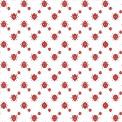 Vector Pattern Featuring Red Beetles and Skulls on a White Background