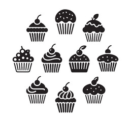 A collection of black silhouette cupcakes with cherries on top, ideal for bakery and dessert-related design themes.