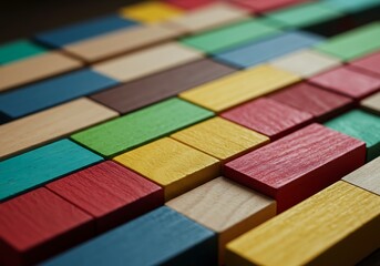 A close-up of colorful wooden blocks stacked on top of each other on a wooden surface.