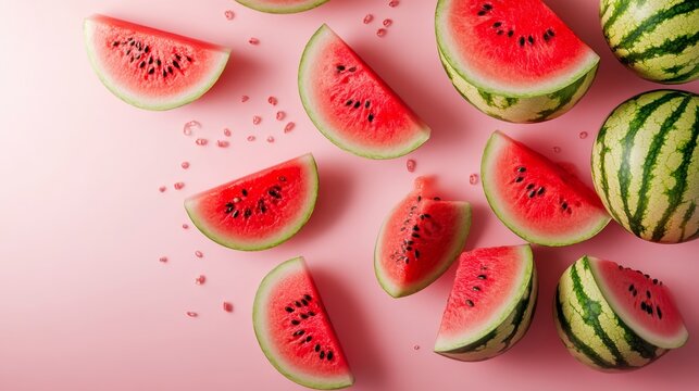 Close up of watermelon slices on a pink background. The slices are cut in half and arranged in a row