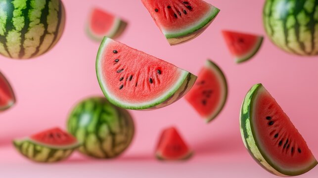Close up of watermelon slices flying through the air. Concept of motion and playfulness, as if the watermelon is being tossed around in a fun and lighthearted manner