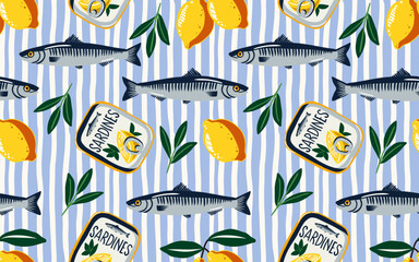 Vector seamless pattern with sardines, lemon halves, olive leaves, and tin cans on wavy blue stripes. Perfect for food packaging, kitchen textiles, menus, and seafood-themed design projects