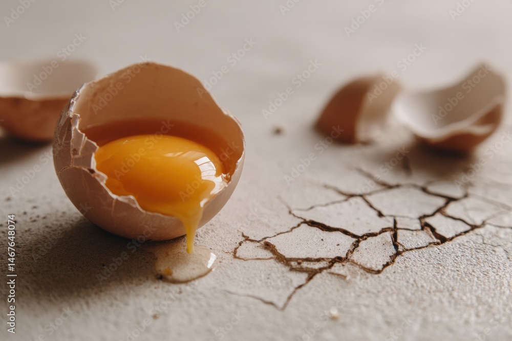 Aufkleber cracked egg with bright yolk resting on soft neutral surface surrounded by shell fragments and dried