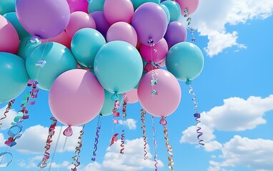 Colorful Balloons with Ribbons Floating Against a Bright Sky