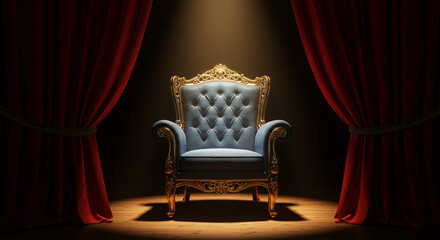 Elegant blue armchair on a stage with red curtains.
