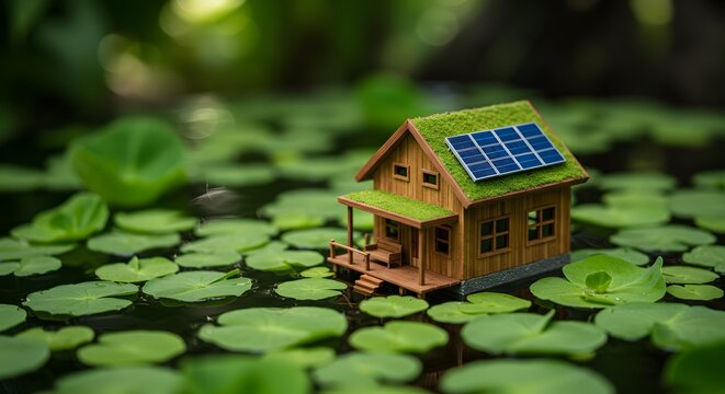 mini house with solar energy panel on the roof above victoria regia