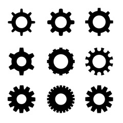 Flat black gear icon set with cogwheels – user interface settings and mechanical vector symbols