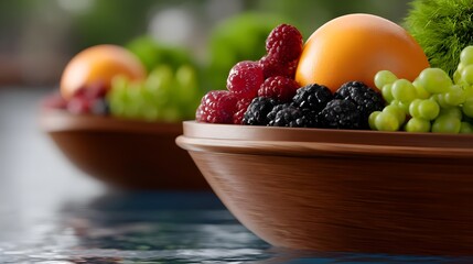 Fresh Vibrant Fruit Arrangements in Wooden Bowls by Water