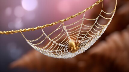 Delicate Spider Web With Dew Drops And Blurred Background