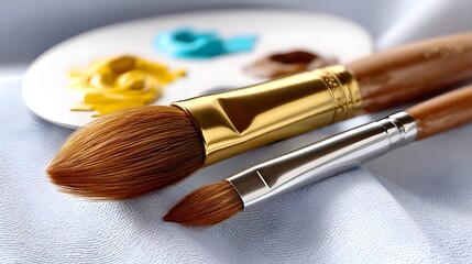Close-Up of Paint Brushes and Palette with Various Color Splashes