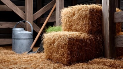 Hay Bales and Garden Tools in Rustic Barn Setting with Wooden Structure