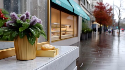 Rainy Day Scene with Potted Plant and Storefront Display