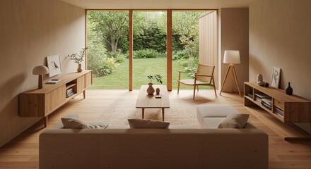 Bright living space with floor-to-ceiling windows and greenery.
