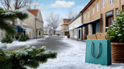 Winter Shopping Scene with Gift Bag in Snowy Street View