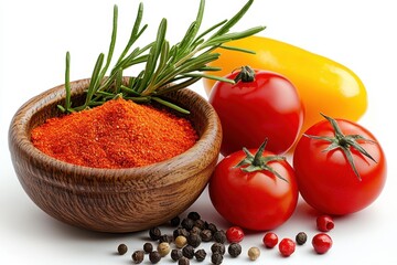 Fresh Tomatoes, Spices and Herbs on White Background for Cooking