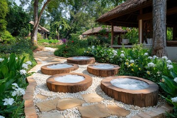 Serene Garden Path with Wood and Stone Elements in Nature
