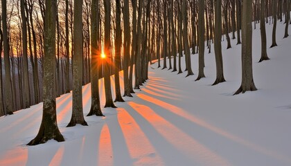 Serene Winter Sunrise Through Tree Trunks in Snowy Forest Landscape