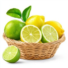 Fresh Citrus Fruits in Woven Basket with Green and Yellow Lemons