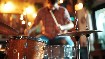 Naklejka premium Musician passionately playing drums in a lively bar setting