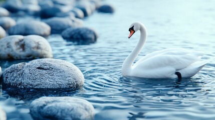 Elegant Swan Swimming Gracefully Among Smooth River Stones