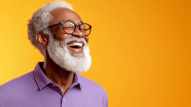 Man with a beard and glasses is smiling and wearing a purple shirt. He is looking at the camera and he is happy