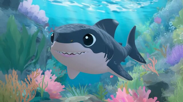 Cartoon style baby shark swimming in the ocean among colorful coral reefs and aquatic plants with filtered sunlight and bubbles