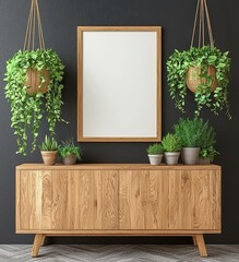 Modern Wooden Console with Plants and Greenery in Stylish Interior