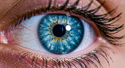 Striking close-up of a bright blue human eye.
