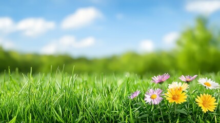 Beautiful Meadow with Colorful Flowers and Blue Sky Background