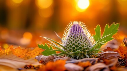 Stunning Artichoke Plant Surrounded by Autumn Leaves at Sunset