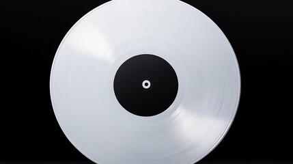 White record with a black hole in the middle. The record is sitting on a black background
