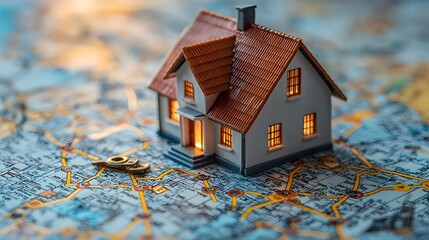 A miniature home resting on a geographic map representing property investment opportunities