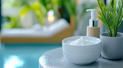 Tranquil Spa Setting with Cream and Greenery for Relaxation