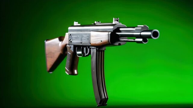 Detailed view of a vintage submachine gun on green backdrop studio