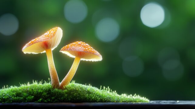Two mushrooms are on a green mossy ground. The mushrooms are facing each other. The scene is peaceful and serene