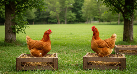 Fototapeta premium Two brown chickens in a grassy outdoor area. 