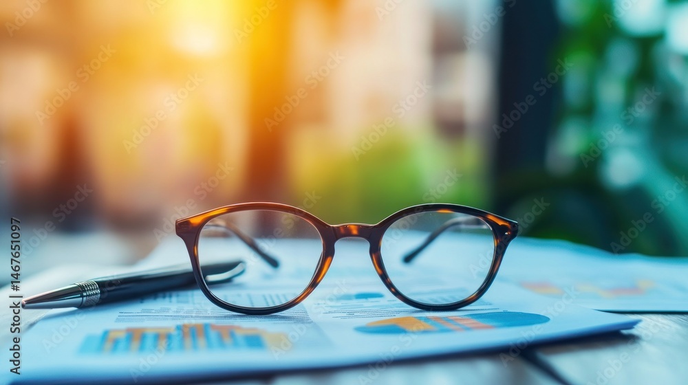 Poster glasses on a desk with charts and graphs in the background