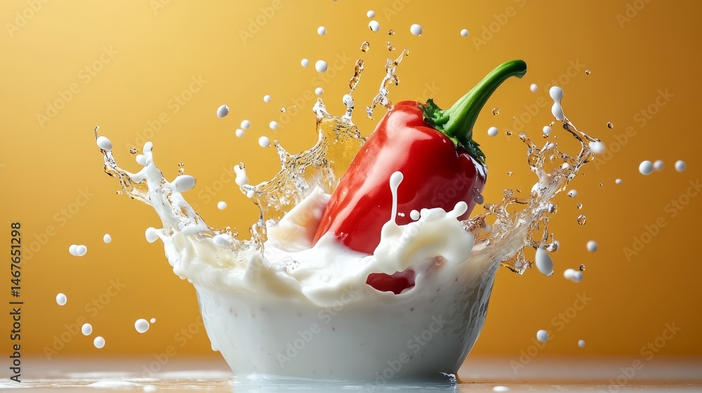 Poster red pepper is floating in a splash of milk, creating a visually striking and dynamic scene. the spla
